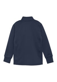 Marineblå genserjakke med høy krage og lange ermer. Laget av glatt stoff med en tettsittende design og ribbestrikkede mansjetter. Ingen synlige logoer.