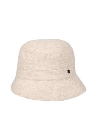 Wool bucket hat in light beige with a soft texture, round crown, and sloping brim. Features a small black accent button on the side.