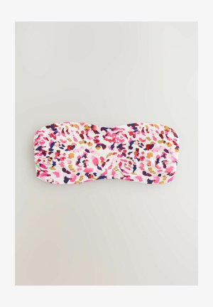 Stropfri bandeau-bikinitop med levende pink, rød, marineblå og sennepsgul abstrakt blomsterprint på hvid baggrund.