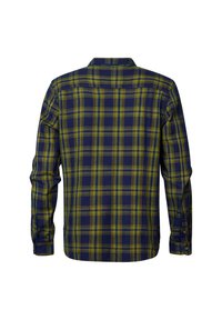 Langärmliges kariertes Hemd mit einem blau-gelben Karomuster, ausgestattet mit einem Button-Down-Kragen und knöpfbaren Manschetten.