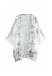 Lightweight, white floral kimono with short sleeves; features pastel flowers in pink and purple, open front, and a flowing silhouette.