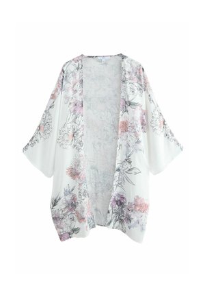 Kimono floreale bianco leggero con maniche corte; presenta fiori pastello in rosa e viola, apertura frontale e una silhouette fluida.