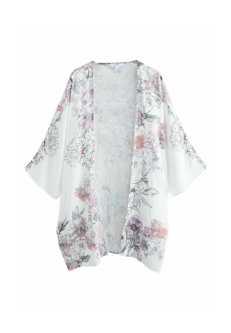 Lightweight, white floral kimono with short sleeves; features pastel flowers in pink and purple, open front, and a flowing silhouette.