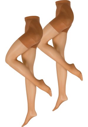 Hautfarbene Strumpfhosen mit breitem Bund, glatter Textur und transparenter Beinpartie. Sichtbares Kompressionsdesign oben für zusätzliche Unterstützung.