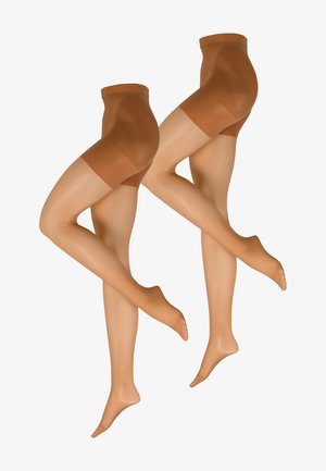 Hautfarbene Strumpfhosen mit breitem Bund, glatter Textur und transparenter Beinpartie. Sichtbares Kompressionsdesign oben für zusätzliche Unterstützung.