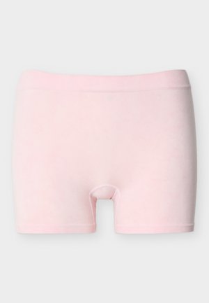Culotte courte féminine sans couture rose clair avec une large ceinture élastique, posée à plat sur un fond blanc.