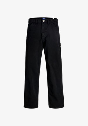 Sorte denimbukser med lige pasform, der har lukning foran med knapper, to sidelommer og en baglomme med logodetalje.