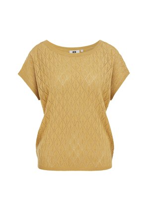 Gaiši brūns īsroku džemperis ar dimanta formas atklātu adījuma rakstu un apaļu kakla izgriezumu.