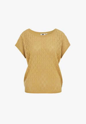 Lysebrun striktrøje med korte ærmer, diamantformet åben strikkemønster og rund halsudskæring.