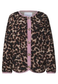 Veste polaire imprimé léopard avec bordure rose et une rangée de cinq boutons devant, manches longues et encolure ronde.