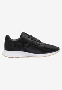 Scarpa sportiva nera con tomaia sintetica e dettagli texturizzati, chiusura con lacci e suola intermedia bianca con suola in gomma.