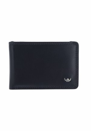 Black leather bifold wallet with a small silver logo emblem on the bottom right corner, displayed closed on a white background.