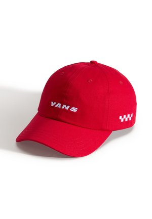 Cappellino da baseball rosso in cotone con visiera curva, logo "VANS" ricamato in bianco e dettaglio a scacchi sul lato.