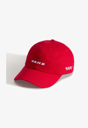 Red cotton baseball cap featuring a curved visor, "VANS" logo in white embroidery, and a checkered pattern accent on the side.