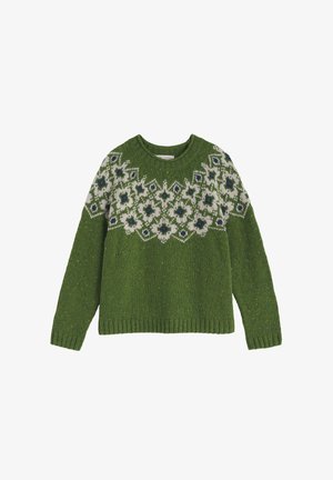 Groene gebreide trui met een geometrisch wit-blauw patroon bij het schouderstuk. Voorzien van een ronde hals en geribbelde manchetten en zoom.