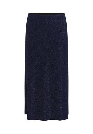 Námornícky modrá midi sukňa s jemným leskom, s rovný strihom, elastickým pásom a bočným rozparkom pre pohodlný pohyb.
