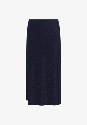 Námornícky modrá midi sukňa s jemným leskom, s rovný strihom, elastickým pásom a bočným rozparkom pre pohodlný pohyb.