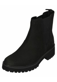 Zwarte nubuck enkellaars met elastische zijpanelen, ronde neus, gestructureerde zool en een trekkoortje aan de achterkant voor gemakkelijke instap.