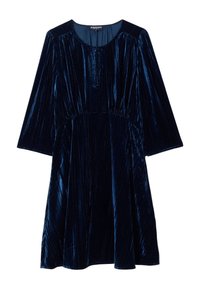Vestido de terciopelo azul marino con escote redondo, mangas tres cuartos y cintura fruncida. Presenta pliegues verticales y detalles de botones.