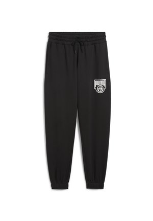 Melni sporta bikses ar elastīgu jostasvietu un saīsināmu auklu; ar piedurknēm; kreisajā augšstilbā ir redzams balts Puma logotips.