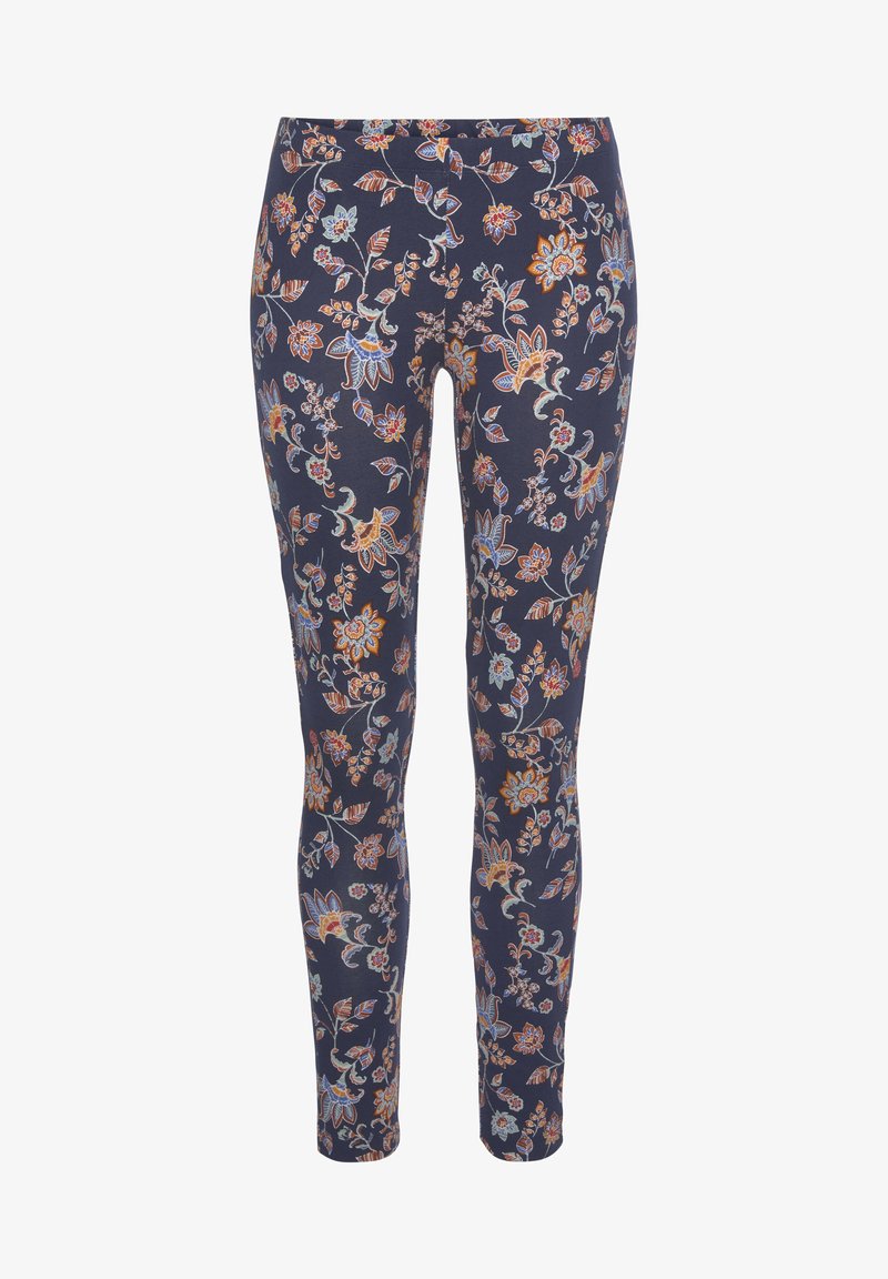 Navy tajice s cvjetnim uzorkom u narančastoj, plavoj i bijeloj boji; izrađene od rastezljivog materijala s prilagođenim dizajnom.