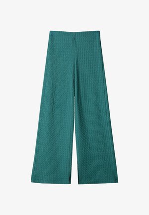 Pantaloni larghi color teal realizzati in un tessuto testurizzato e rigato. Presentano una vita alta e una lunghezza completa con una vestibilità ampia, ideali per un abbigliamento casual.