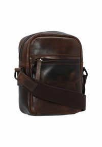 Brown leather crossbody bag with a zippered main compartment, front pocket, and adjustable fabric strap. Smooth texture and rectangular shape.