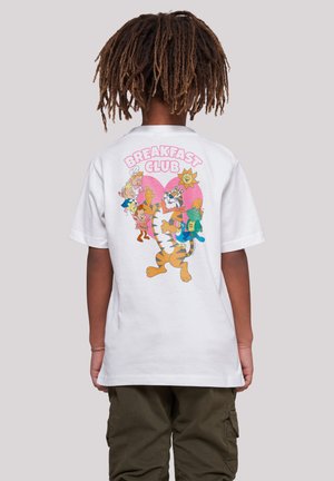 White t-shirt featuring a colorful cartoon graphic on the back with characters among sun motifs and the text "BREAKFAST CLUB."
