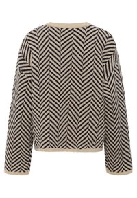 Beige neule, jossa on tummansiniset herringbone-kuvio, laatikkomainen muoto ja pitkät hihnat. Pehmeää teksturoitua kangasta, pyöreä pääntie ja ribbireunus.