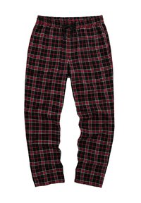 Pantalones de cuadros negros con un patrón de cuadrícula rojo y blanco, que cuentan con una cinturilla elástica y un cordón ajustable. Textura suave, diseño casual.
