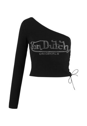 Black cropped top with one long sleeve, featuring a side tie detail and rhinestone embellishment that spells "Von Dutch Originals."
