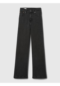 Jean noir à jambe large en denim. Il présente une braguette à boutons, un design traditionnel à cinq poches et des détails de couture minimaux partout.