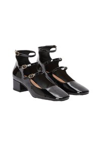 Chaussures à brides de cheville en cuir verni noir avec trois boucles, bout carré, talon bloc moyen et une finition lisse et brillante.
