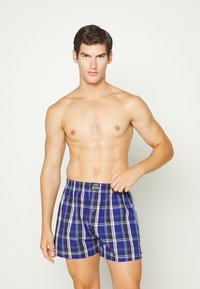 Blå och vit rutiga boxershorts med knappgylf, med elastisk midja och mjuk textur.