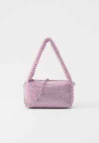 Pink beaded handbag with a rectangular shape and a circular strap, featuring a silver chain accent and an all-over textured finish.