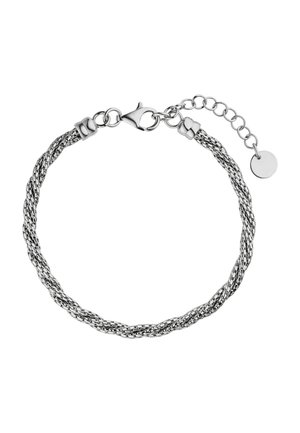 Silbernes geflochtenes Armband mit einem Karabinerverschluss. Es hat eine Kettenverlängerung und einen kleinen runden Anhänger. Strukturierte Metalloberfläche.