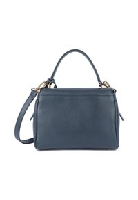 Borsa a mano rettangolare in pelle blu scuro con manico superiore, tracolla rimovibile e hardware dorato su sfondo bianco.