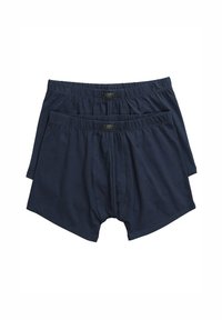 Boxers en coton bleu marine avec des ceintures élastiques, dotés d'ouvertures à l'avant et de coutures plates pour plus de confort. Deux paires sont présentées.