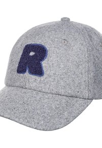 Graue Woll-Baseballmütze mit runder Krone, gebogenem Schirm und einer strukturierten blauen "R"-Stickerei auf der Vorderseite.