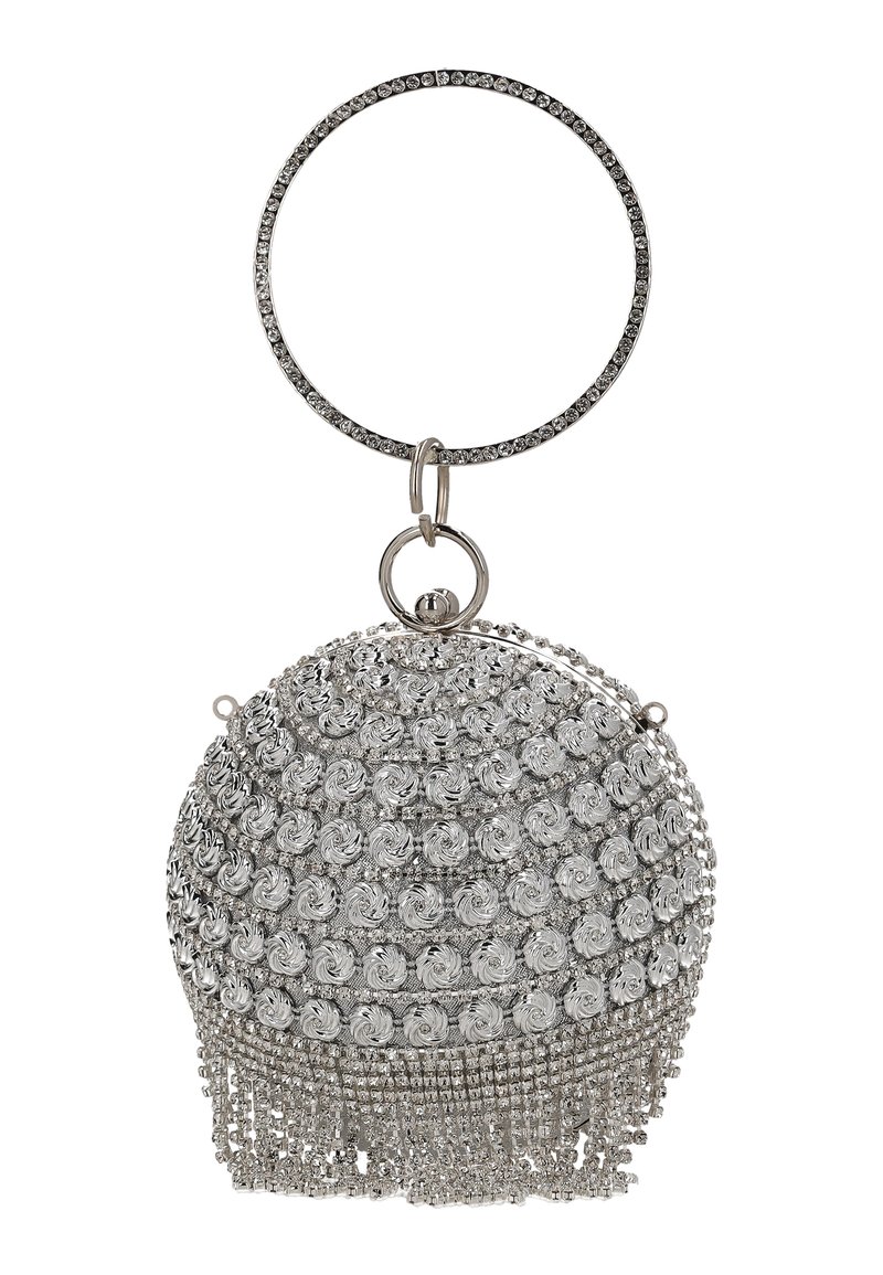 Stříbrná kabelka s kulatým designem, zdobená spirálovými vzory a kovovým třepením. Má kruhové držadlo z rhinestones.