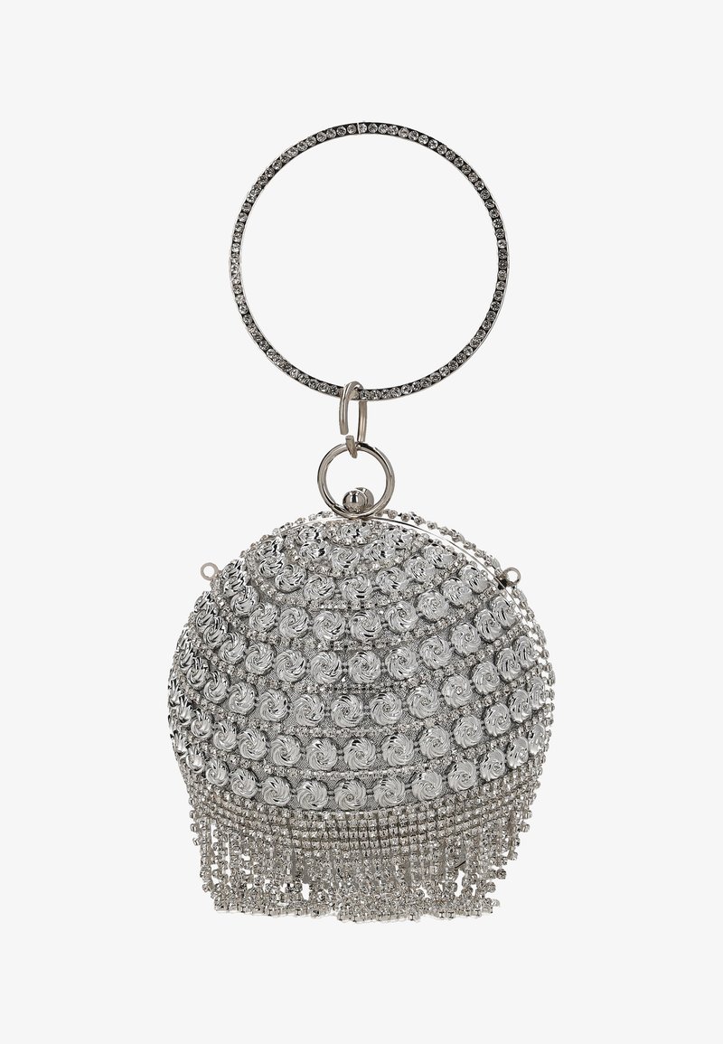 Stříbrná kabelka s kulatým designem, zdobená spirálovými vzory a kovovým třepením. Má kruhové držadlo z rhinestones.
