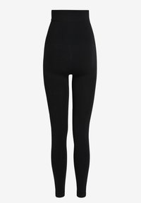 Sorte højtaljede leggings lavet af strækbart materiale, der har en glat tekstur og et figursyet design uden synlige sømme.