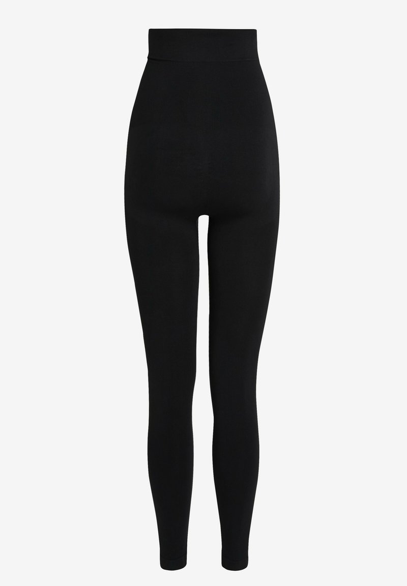 Sorte højtaljede leggings lavet af strækbart materiale, der har en glat tekstur og et figursyet design uden synlige sømme.