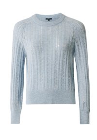 Světle modrý pletený svetr vyrobený z měkkého materiálu s vertikálními a horizontálními otevřenými vzory, s kulatým výstřihem a dlouhými rukávy.
