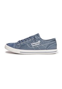 Sneakers basse in denim blu con cuciture e logo bianchi, caratterizzati da una tomaia testurizzata, punta tonda e suola in gomma con dettagli a strisce.