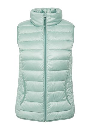 Leichte, mintgrüne Steppweste mit hohem Kragen, Frontreißverschluss, gestepptem Textil und zwei Seitentaschen für zusätzlichen Komfort.