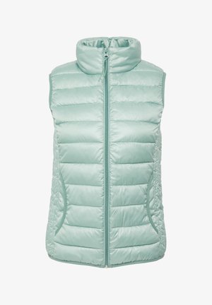 Lichtgewicht, mintgroene puffer vest met hoge kraag, rits aan de voorkant, gestikte textuur en twee zijzakken voor extra functionaliteit.