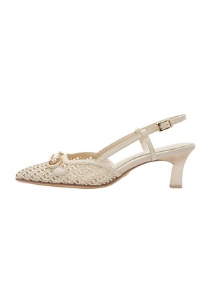 Beige slingback heel with a pointed toe, woven texture, and decorative gold hardware. Features a mid-height heel and adjustable strap.
