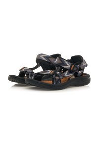 Sandalias con correas de patrón en azul oscuro y gris, cierres de Velcro ajustables, plantilla acolchada y suela de goma negra.