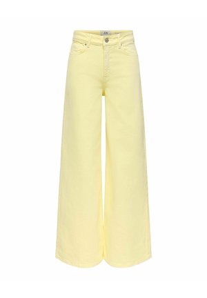 Gule vidbukser med høyt liv, frontknapper og glidelåslukking, beltehemper, samt lommer foran og bak.